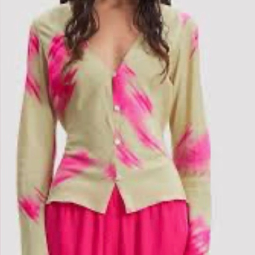 NWT Samsoe EMMIE TIE BACK BLOUSE‎ 14638 khaki/pink pattern size Small